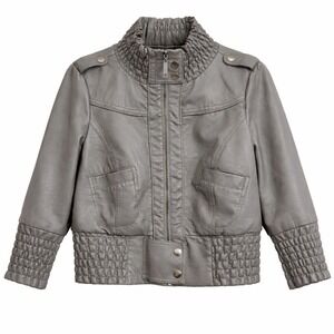 Vtg Y2K Body Central Faux Leather Moto Jacket Sz L Gray Cropped Biker Edgy NWT